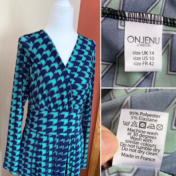 Onjenu London Stretchy Draped Geometric Pattern Blue Green Faux Wrap Dress Sz 10 - Picture 2 of 6